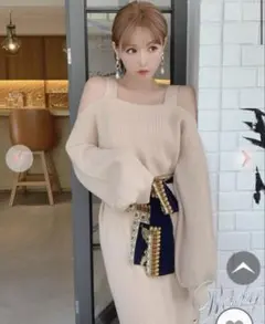 Rady オフショルダー ニットロングワンピース ベージュ スカーフ柄