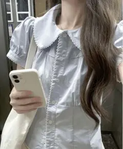 タグ付新品 襟付き パフスリーブ ブラウス ライトブルーのサムネイル