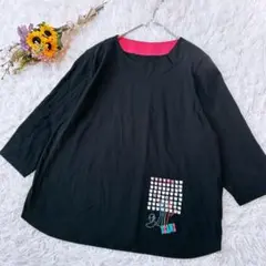 【tille-tour】コットン　刺繍　Ｔシャツ　七分袖　肩パット　ブラック L