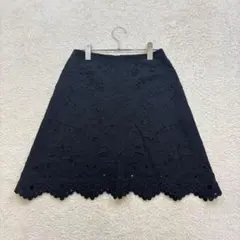 ✨セオリー【00】黒 花柄刺繍カットワークスカート 綿麻混 微ストレッチ 裏地のサムネイル