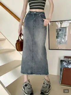 ウォッシュド 擦り付け柄ヘムデニムスカート XS