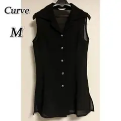 【Curve】 襟付き シアーブラウス Vネック ノースリーブ 黒 Mサイズ