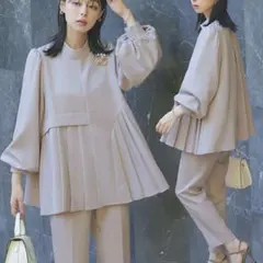 【ストレッチ】アシメプリーツトップス＆テーパードパンツ（ツータック）