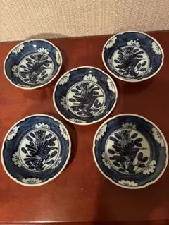 有田焼　其泉窯　手描き　染付　鳥と植物　 陶器小皿 5枚セット