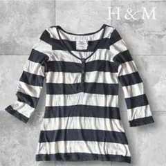 H&M　ネイビー×ホワイト ボーダー 七分袖 カットソー 薄手 S M L 9号