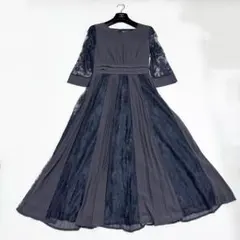 【美品✨】プリーツレース 7分袖ドレス 結婚式ワンピース　ネイビー　M