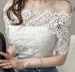 花柄レースオフショルダー半袖トップス