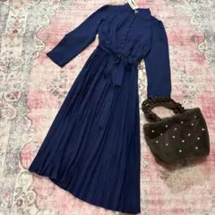 新品　ネイビー プリーツ ロングシャツワンピース　Ｌ