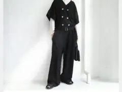 アンティカ　antiqua 　サロペット　オールインワン　黒　半袖　つなぎベルト