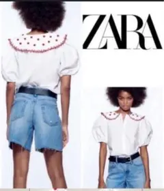 値下げ中!!ZARA☆ビックカラー襟花柄刺繍ブラウス シャツ 半袖 袖パフ