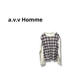【アーヴェヴェオム】カットソー　長袖　チェック柄　カジュアル　48 ホワイト