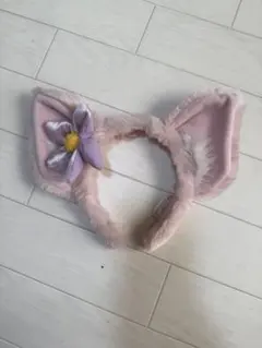 ピンク耳付きヘアバンド 花飾り付き