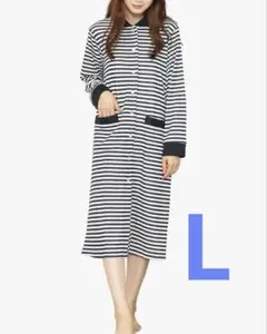 ネグリジェ パジャマ マタニティ　レディース 長袖 ネイビーボーダー　L