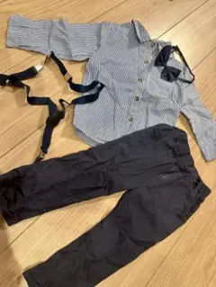 フォーマル ストライプシャツ ネイビーパンツ100 蝶ネクタイサスペンダーセット
