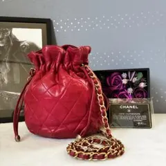 CHANEL 巾着　チェーン　ショルダーバック　レッド　マトラッセ　シールありのサムネイル
