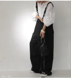 antiqua 軍モノブラックサロペット ドロスト付きワイドパンツ