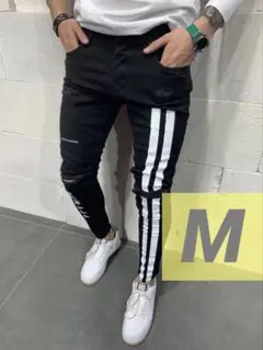 送料無料 スキニー 絶賛 ボトムス デニム ジーンズ ライン 男女 兼用 黒 M