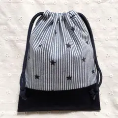 ハンドメイド、星、ストライプ柄の給食袋、巾着袋、コップ入れ、紺色