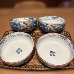 花柄の装飾 陶器平たい丼 4個