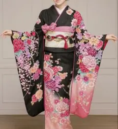 未使用に近い 正絹振袖フルセット 黒 ピンク 花柄 成人式に - メルカリ