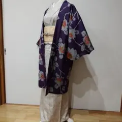 紫色　アンティーク　銘仙　長羽織　羽織紐あり