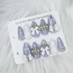 ♡ 量産型 地雷 フレンチガーリー ブルー キルティング ネイルチップ 現品 ♡