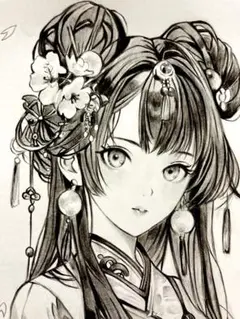 手描きイラスト 鉛筆画 モノクロ 着物 和服 美人画A4