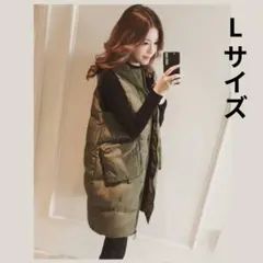 本日限定価格♡ ダウンベスト　中綿　ロングベスト フード付き 緑　L 軽量 防寒