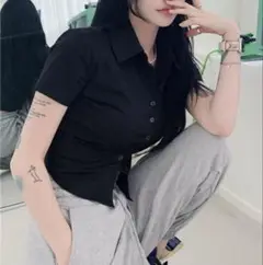 ボタンアップシャツ 半袖 Tシャツ ショート丈 ブラック 黒 XL