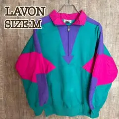 古着 LAVON ハーフジップ スウェット 切替デザイン 青緑×ピンク M