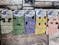 『５足組』かかと付きでズレにくい！可愛い猫ちゃん柄！綿混クルー丈５本指ソックス