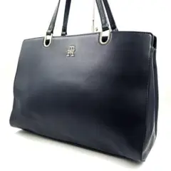 美品 トミー ヒルフィガー 218 トートバッグ 肩掛け A4 レザー ネイビー