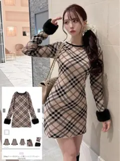 GRL グレイル 2Wayファー付きチェック柄ニットミニワンピース