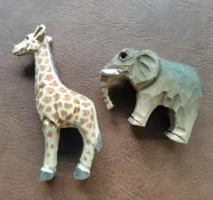 木製　キリン　象　置物　２点セット
