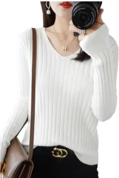 Wowcarbazole セーター レディース Vネック リブニット サイズXL