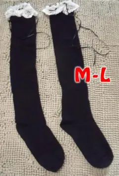履き口レース オーバーニーソックス M-L ブラック×ホワイト