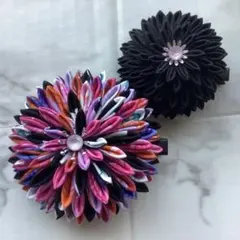 ハンドメイドつまみ細工髪飾り　ヘアクリップ　ピンク黒　2点セット　浴衣髪飾り