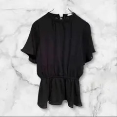 コルザ ブラウス 半袖 ブラック　【L】 ウエストゴム クルーネック