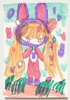 子供が描いた絵 うさ耳帽子の女の子 イラストアート 手描きイラスト