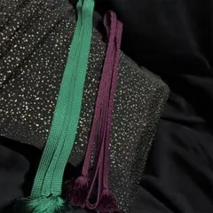 原色 深緑と深紫のタッセル付き帯締め 高品質絹使用 新品未使用 高発色