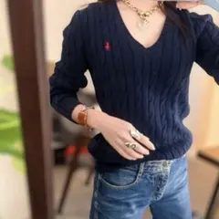 【極美品】ラルフローレン 定番人気！ネイビー Vネック ケーブルニット