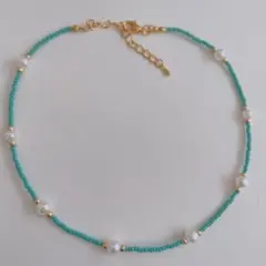ビーズネックレス　ターコイズブルー×パール