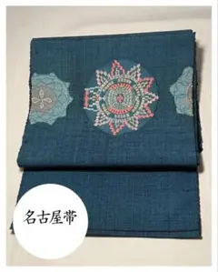 [紬地] 名古屋帯　正絹　刺繍　お太鼓柄　更紗　紺　青　小紋　紬　無地　洒落帯