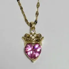 【匿名配送】ジルコニア　ピンク　クラウン　ハート　ゴールドネックレス