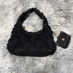 フリンジデザイン ハンドバッグ ブラック ミニポーチ付き