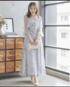 レティカ　シースルー七分袖刺繍ロングパーティーワンピース
