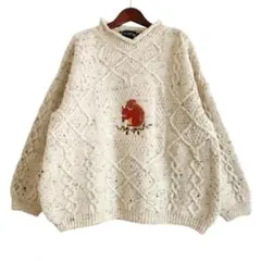 海外古着 刺繍 リス ネップ混 ケーブルニット 長袖 フィッシャーマンニット