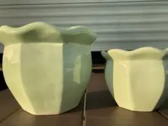 【2個セット】薄緑色 フリルデザイン鉢大小セット　陶器鉢　鉢カバー