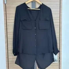 ZARA BASIC シアーシャツ M 黒 ノーカラーのサムネイル