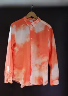 美品ポール・スミス メンズシャツ 長袖 総柄 タイダイ風 オレンジ×ホワイト L